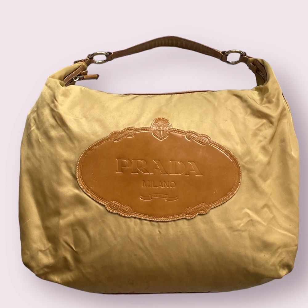 PRADA Authentic Y2K TESSUTO NYLON TAN BORSA Leather Handle Jumbo Hobo Limited